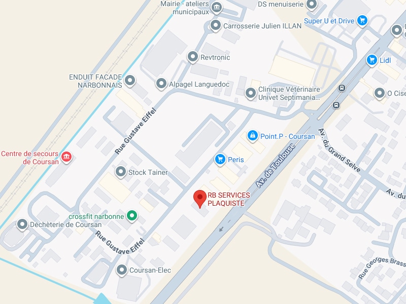 RB SERVICES PLAQUISTE Coursan : Plan d'accès et adresse Plan d'accès RB SERVICES PLAQUISTE à Coursan sur l'avenue de Toulouse, entouré de commerces et zones industrielles.